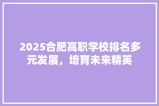 2025合肥高职学校排名多元发展，培育未来精英