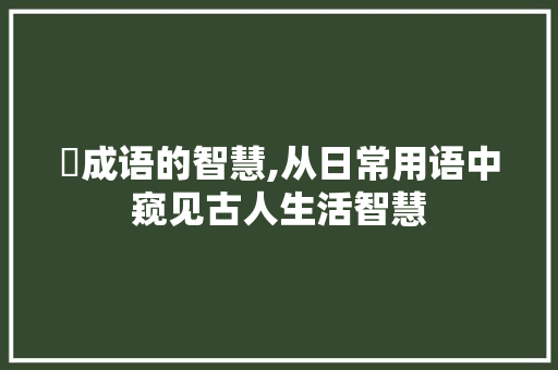 裈成语的智慧,从日常用语中窥见古人生活智慧