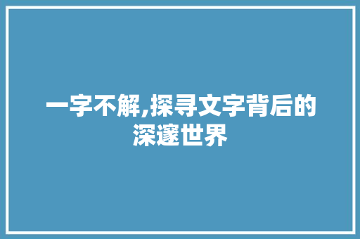 一字不解,探寻文字背后的深邃世界